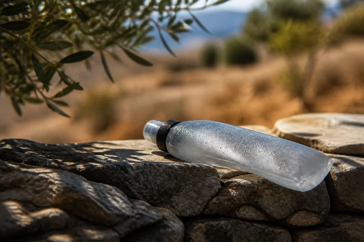 Bidon souple posé sur un muret de pierre à l&rsquo;ombre d&rsquo;un olivier, gouttes de condensation, lumière de fin de journée