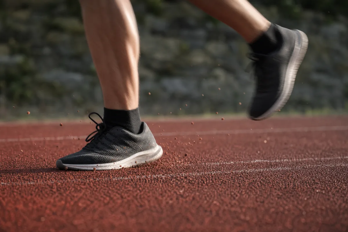 Vue rapprochée de chaussures de running en pleine foulée rapide sur une piste, lumière rasante de fin de journée