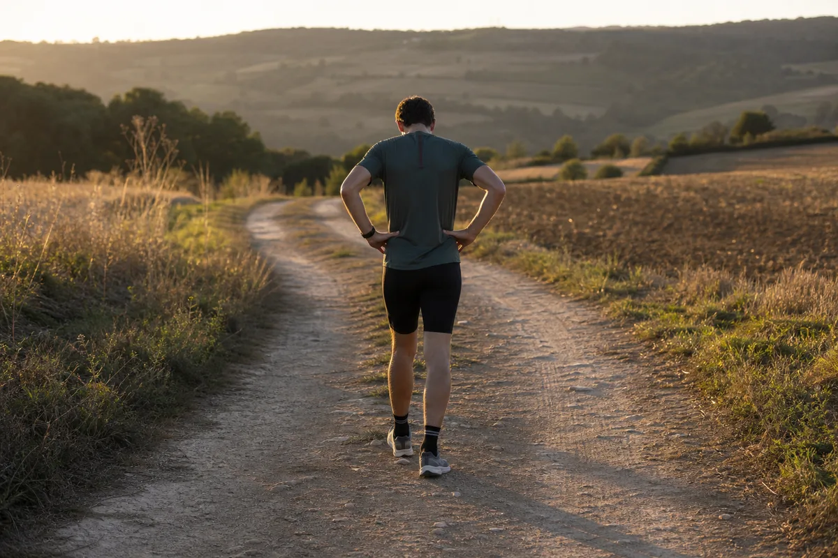 Coureur en trot de récupération sur un chemin de campagne, mains sur les hanches, souffle marqué, lumière de fin d&rsquo;après-midi