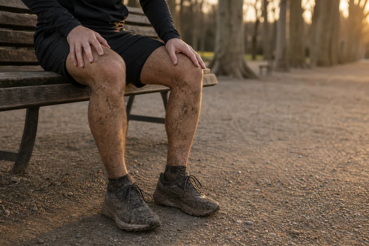 Jambes d&rsquo;un coureur assis sur un banc en bois dans un parc à la tombée du jour, chaussures de running boueuses, mains posées sur les genoux
