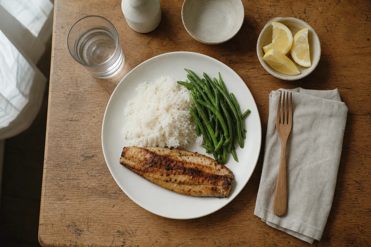 Assiette de riz, poisson grillé et haricots verts posée sur un plan de travail en bois avec un verre d&rsquo;eau, lumière du matin